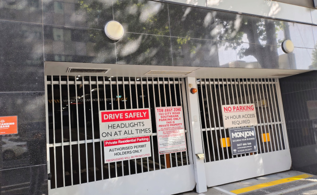Secure indoor car space at 163 City Rd, Southbank, includes 24/7 access with fob and remote