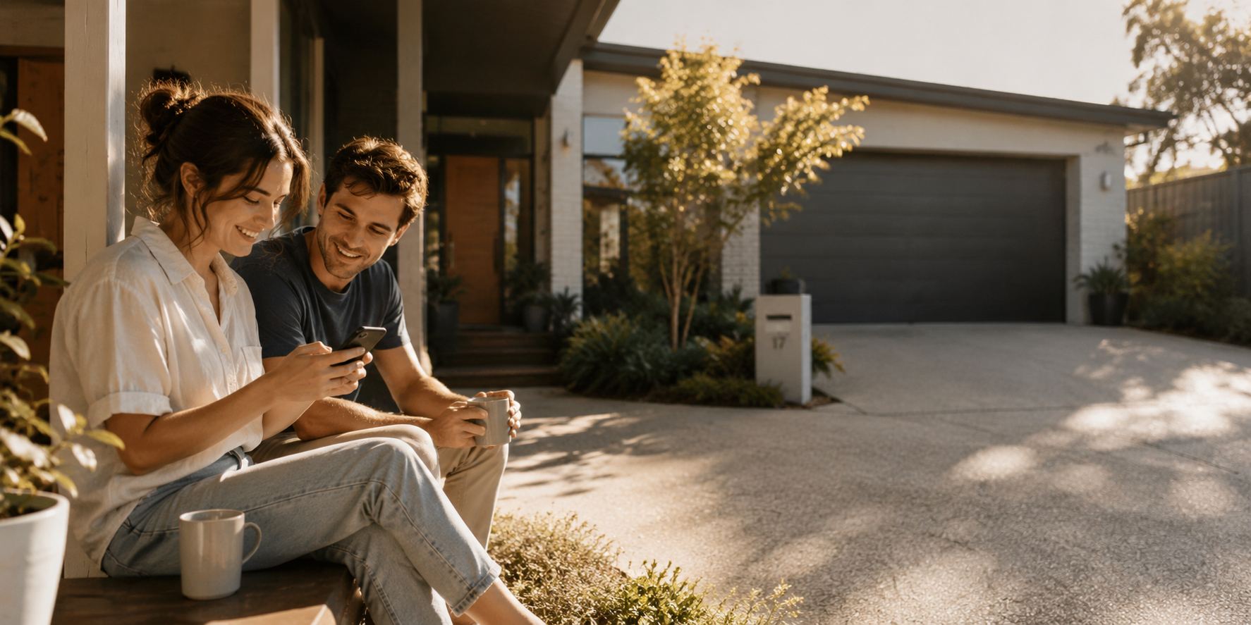 A couple sitting outside their home with a driveway to rent on Parkhound