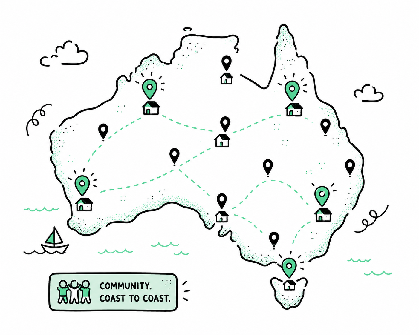 A map of Australia dotted with Parkhound host locations